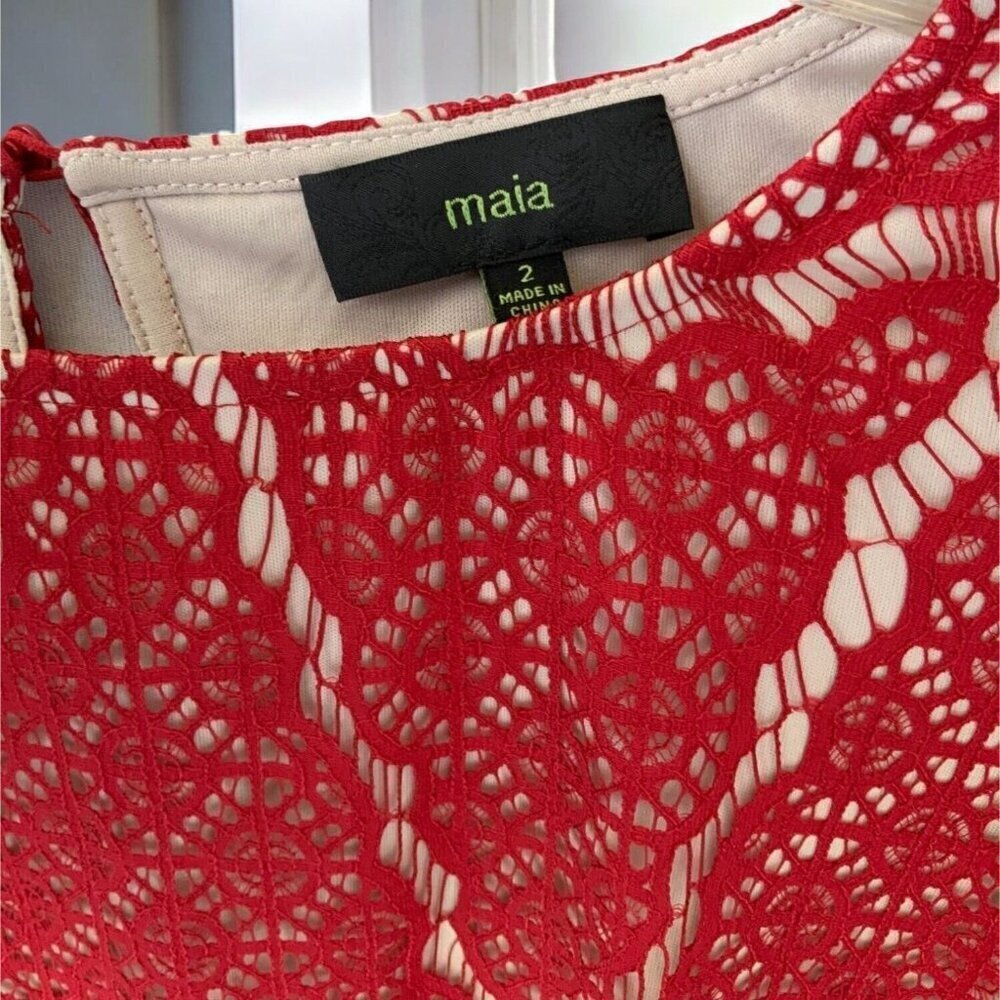Maia Womens Designer Red Lace Scalloped Edge Shift Dress Lined Crochet NEW 2 - Picture 3 of 10